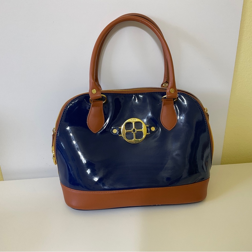 IMAN Blue/ Tan Purse Faux Patten Leather Double Straps Zips Close